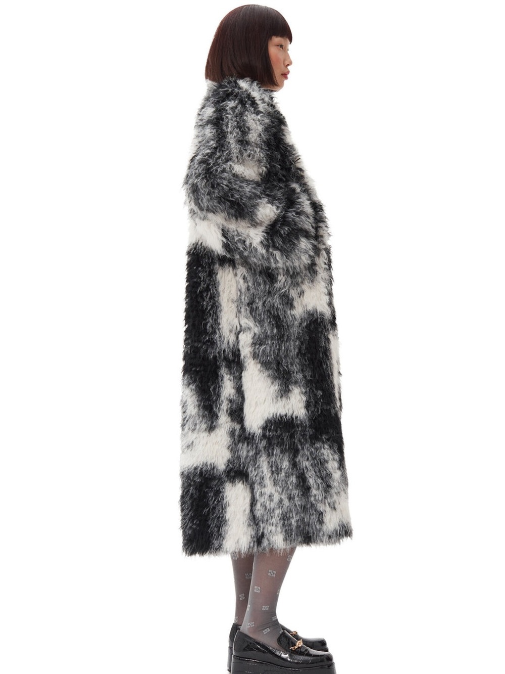 Ganni Black & White Faux Fur Long Coat - Picture 4 of 6